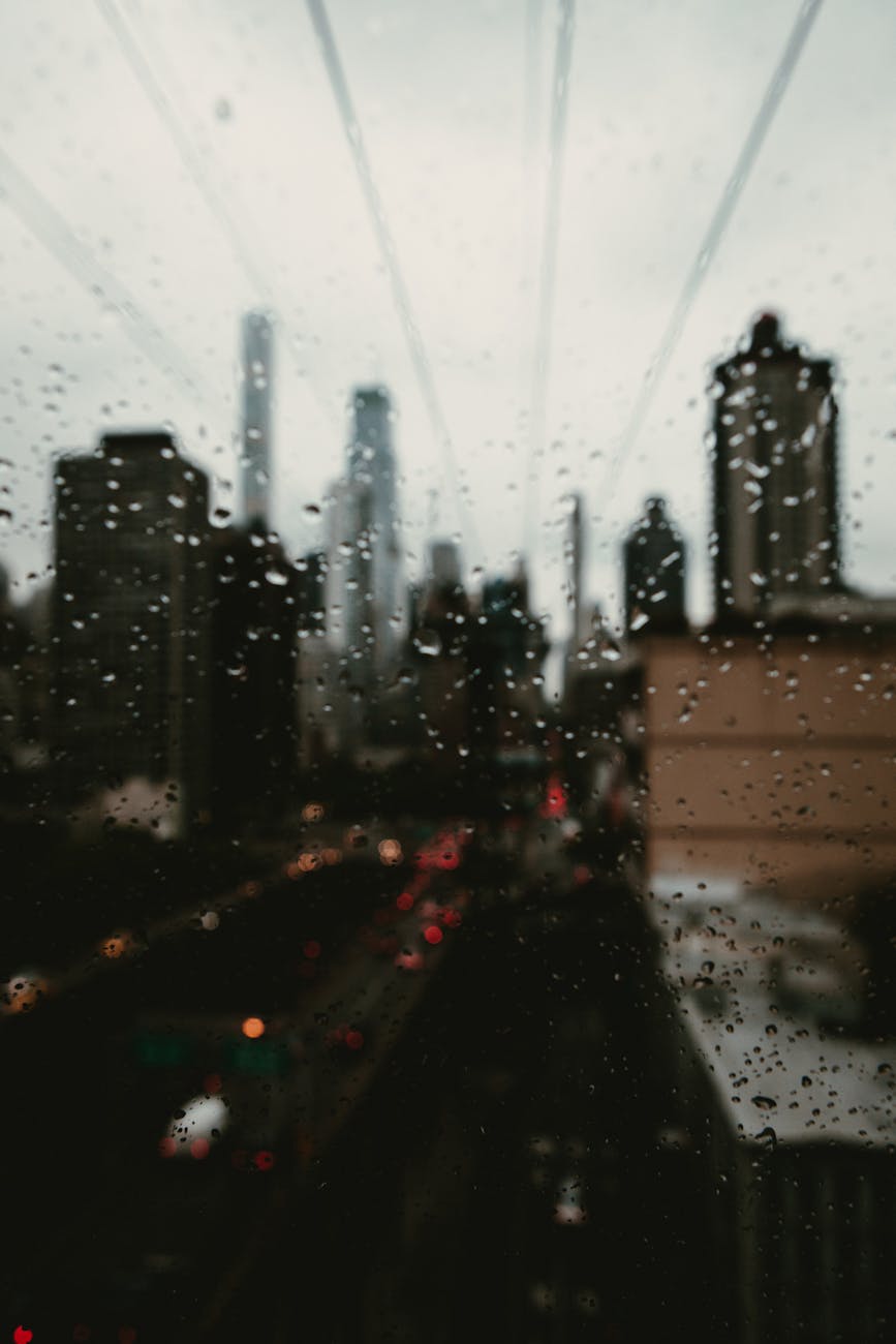 city street on a rainy day seen through a window