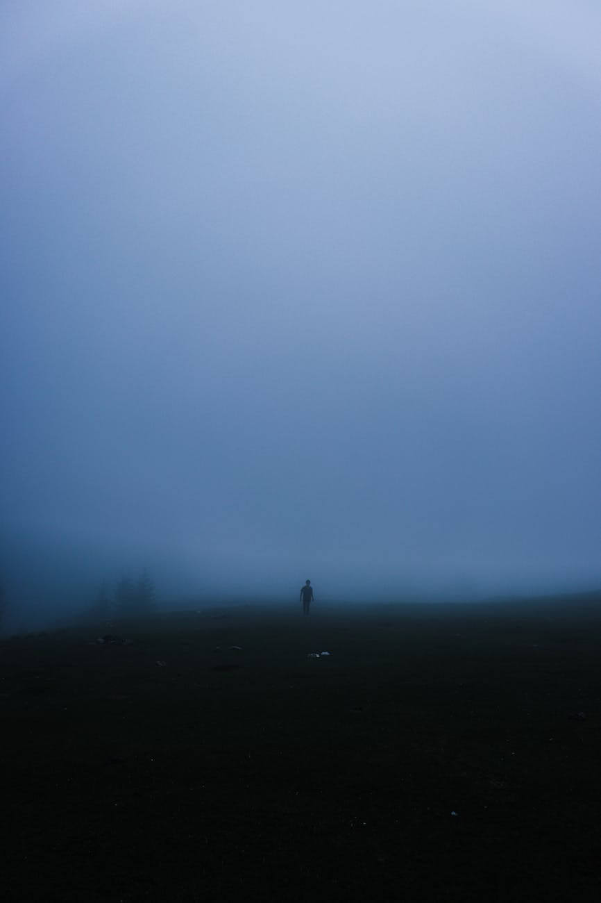 silhouette of a person on an extremely foggy field