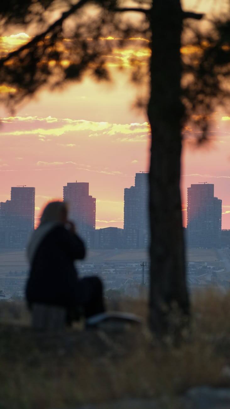 a woman sits on a bench looking at the city skyline